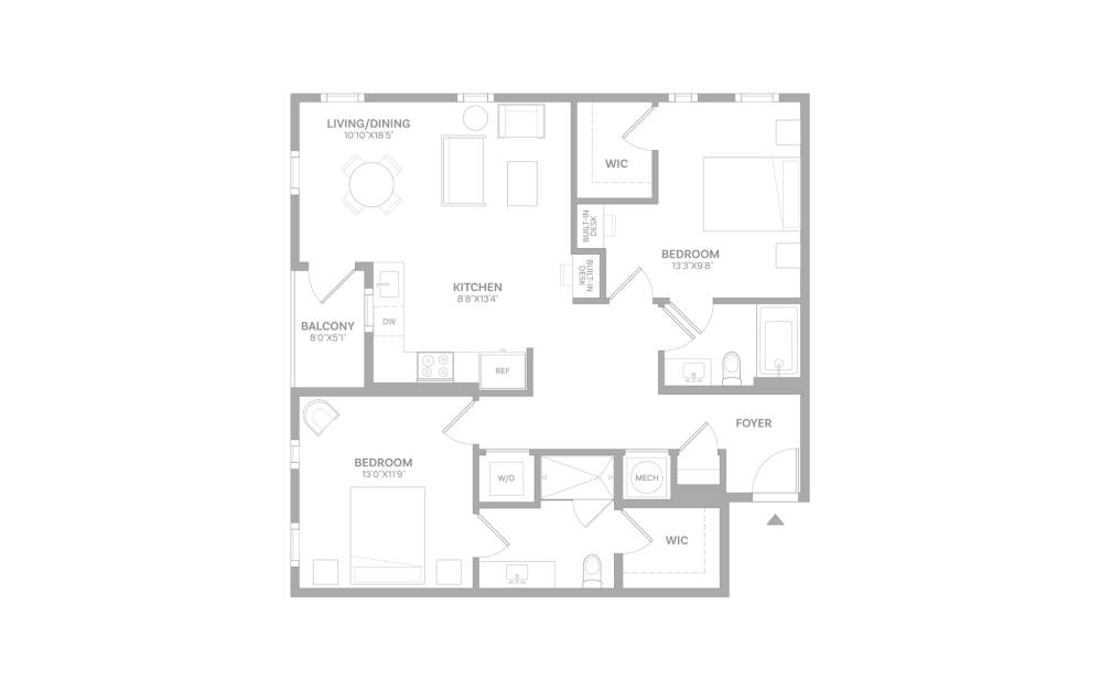 B8 - 2 bedroom floorplan layout with 2 baths and 1078 square feet.