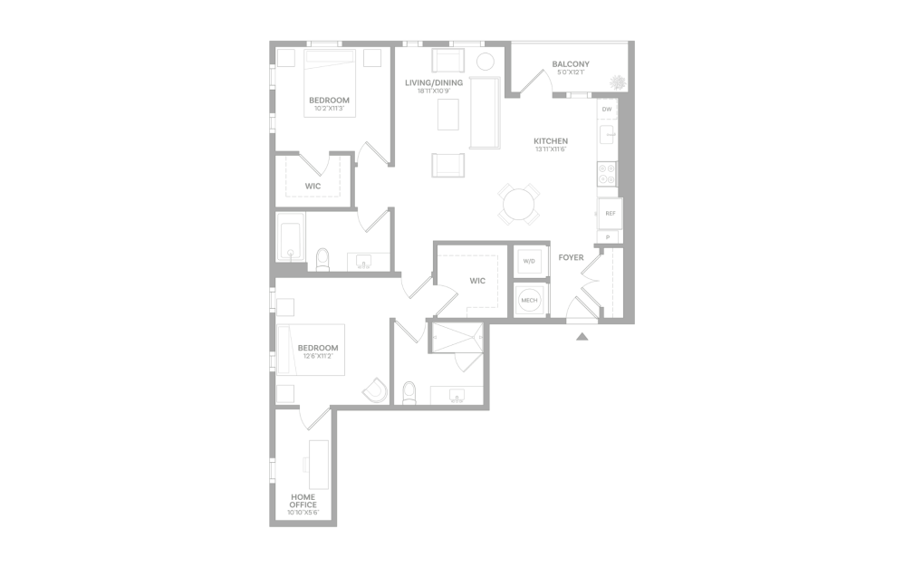 B9 - 2 bedroom floorplan layout with 2 baths and 1097 square feet.