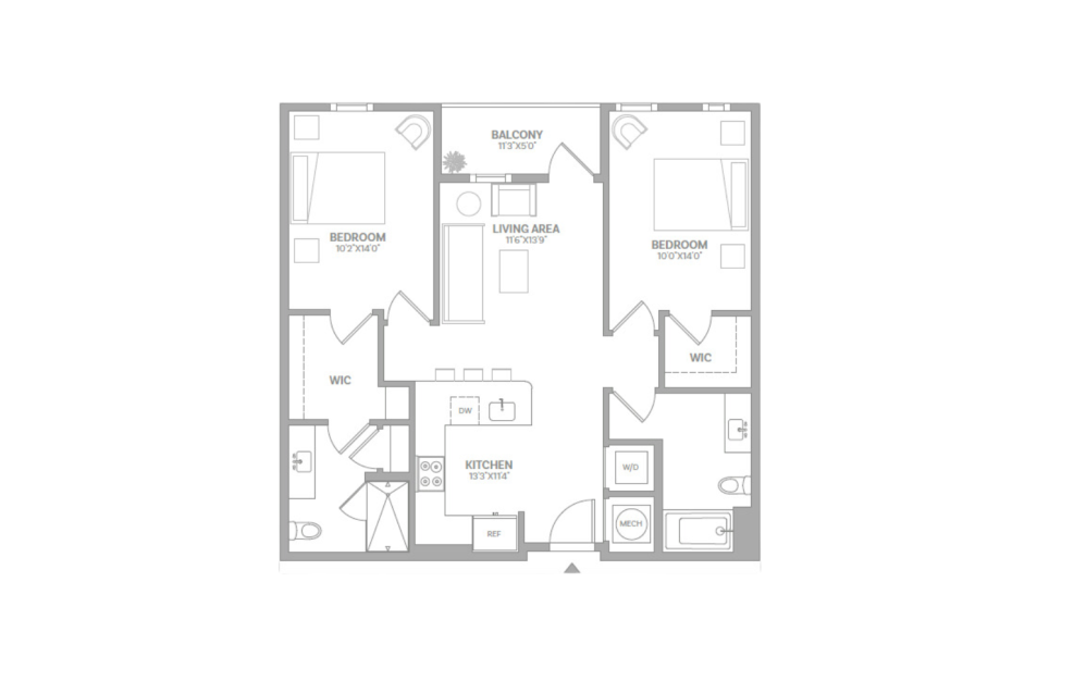 B4 - 2 bedroom floorplan layout with 2 baths and 995 square feet.