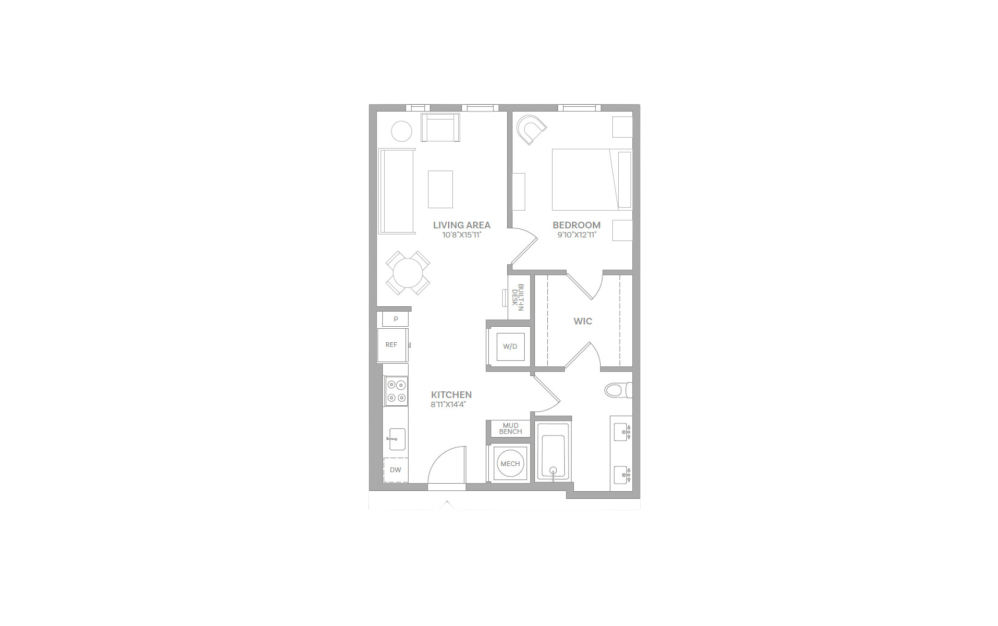 A7 - 1 bedroom floorplan layout with 1 bath and 690 square feet.