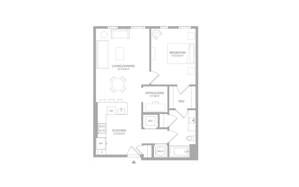 A12 - 1 bedroom floorplan layout with 1 bath and 833 square feet.