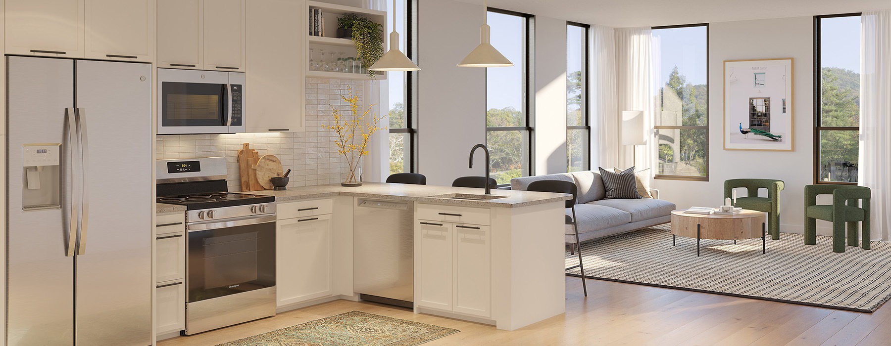 kitchen with stainless steel appliances and white cupboards